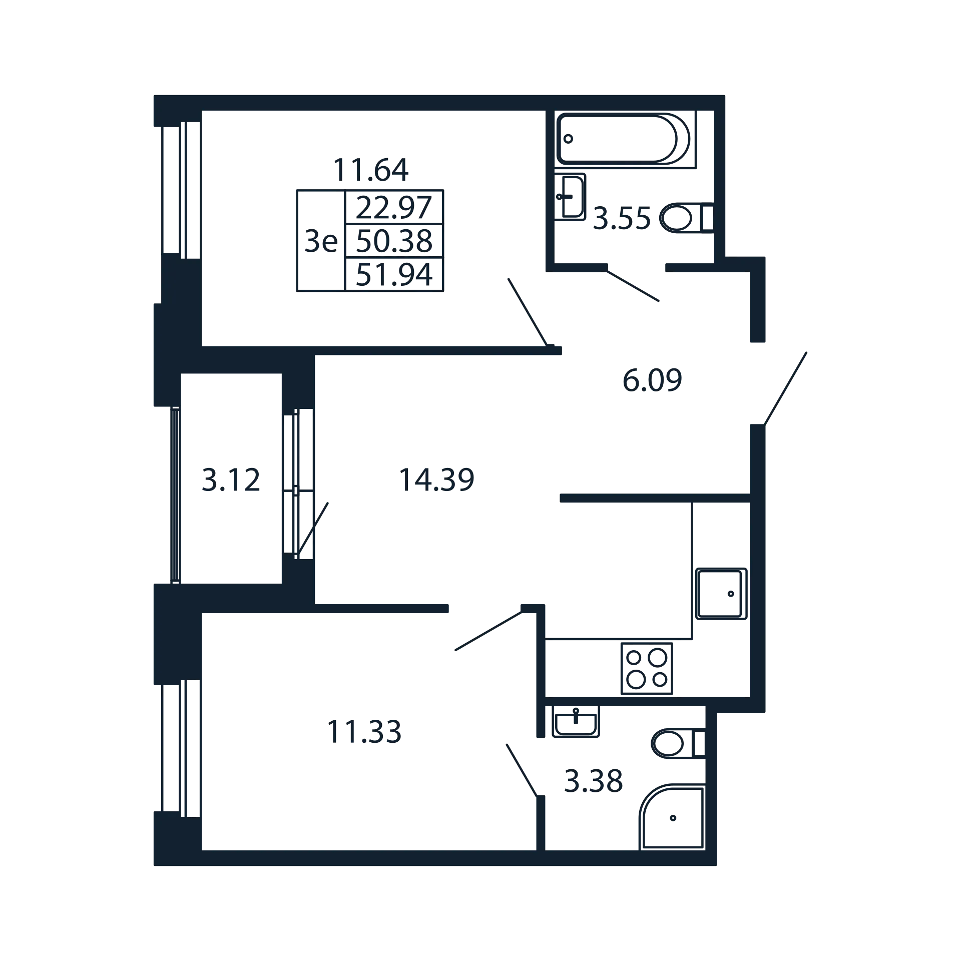 2-комнатная квартира, 50.38 м² в ЖК "Полис Новоселье" - планировка, фото №1