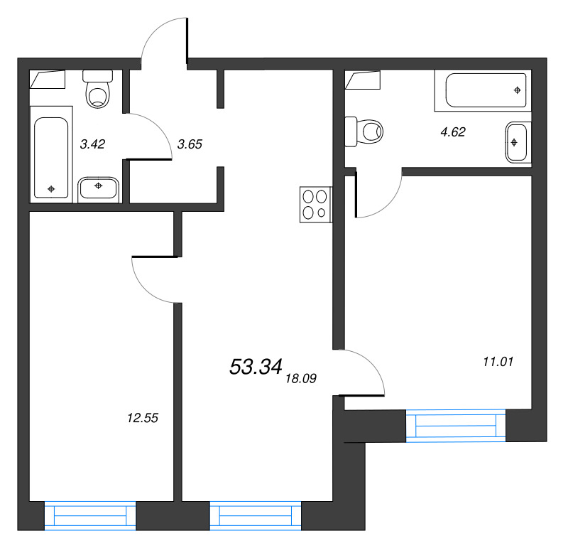 3-комнатная (Евро) квартира, 53.34 м² в ЖК "Тишин" - планировка, фото №1