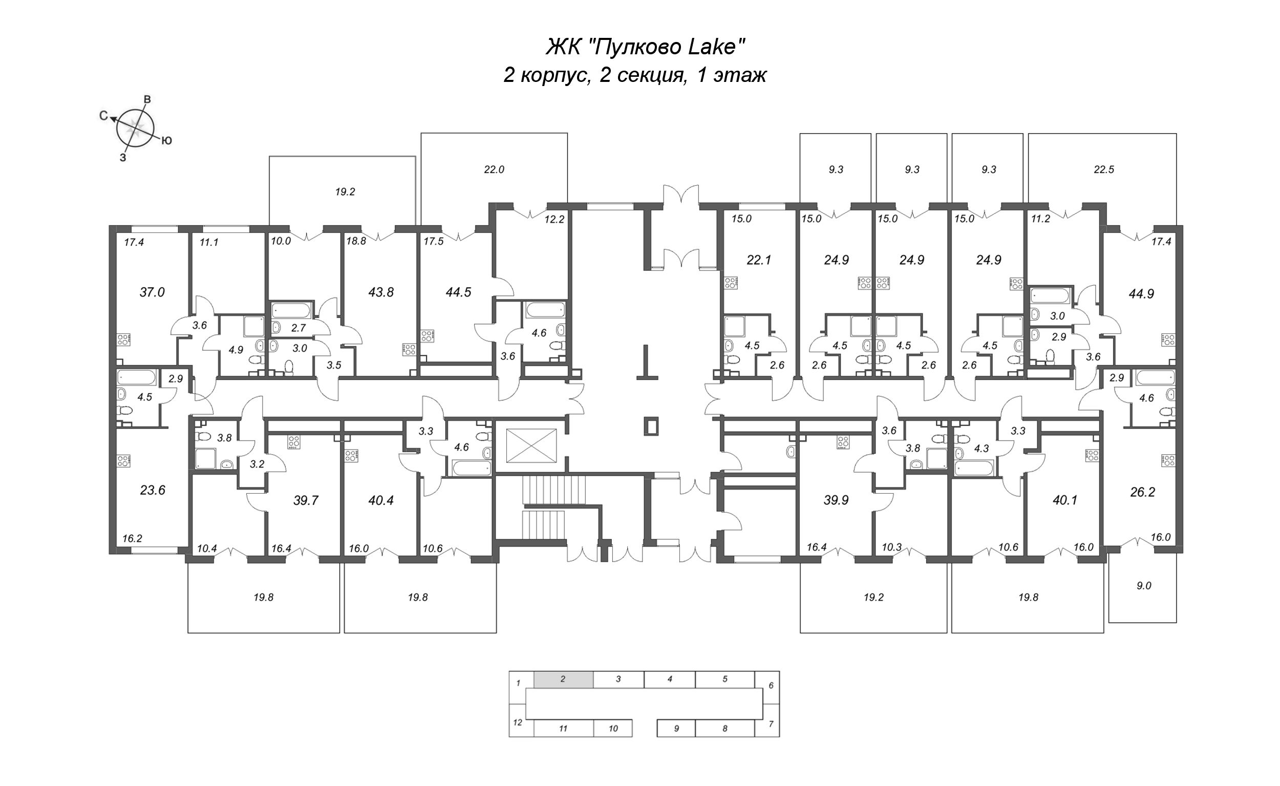 2-комнатная (Евро) квартира, 37 м² в ЖК "Пулково Лейк" - планировка этажа