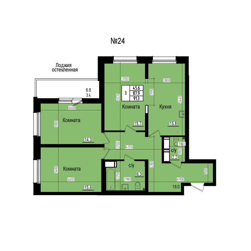 4-комнатная (Евро) квартира, 91.3 м² в ЖК "ПРАГМА СИТИ" - планировка, фото №1