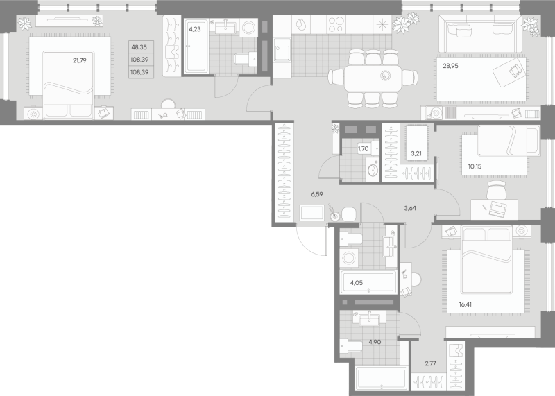 4-комнатная (Евро) квартира, 108.39 м² - планировка, фото №1