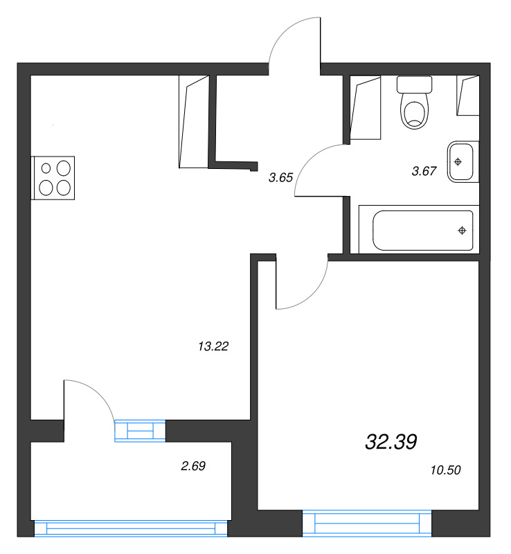 2-комнатная (Евро) квартира, 32.39 м² в ЖК "Кронунг Янино" - планировка, фото №1