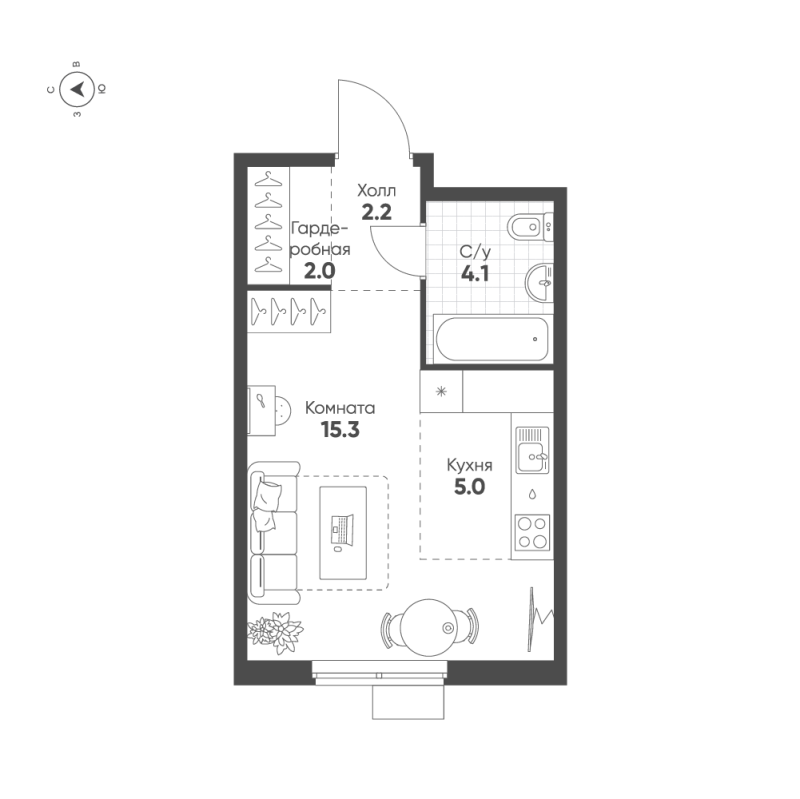 Квартира-студия, 28.6 м² в ЖК "Ягодное Река Парк" - планировка, фото №1