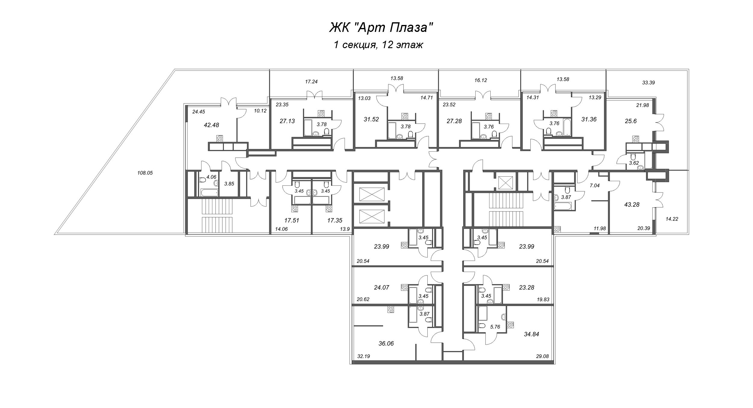 1-комнатная квартира, 27.28 м² в ЖК "Арт Плаза" - планировка этажа