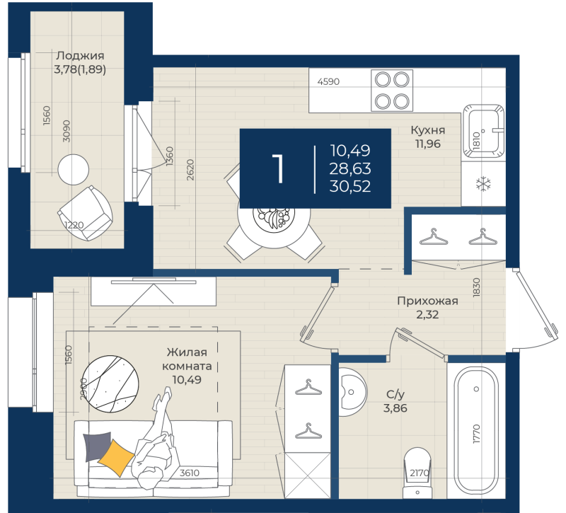 1-комнатная квартира, 30.52 м² в ЖК "Новатория" - планировка, фото №1