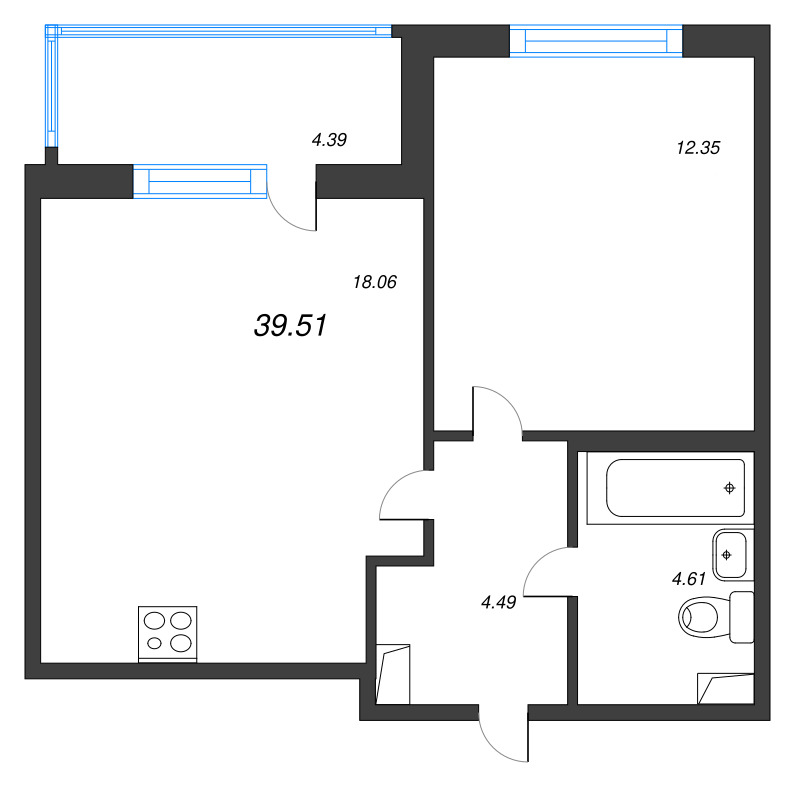 2-комнатная (Евро) квартира, 39.51 м² в ЖК "ЮгТаун" - планировка, фото №1