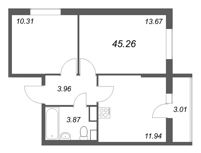 2-комнатная квартира, 45.26 м² в ЖК "Кинопарк" - планировка, фото №1