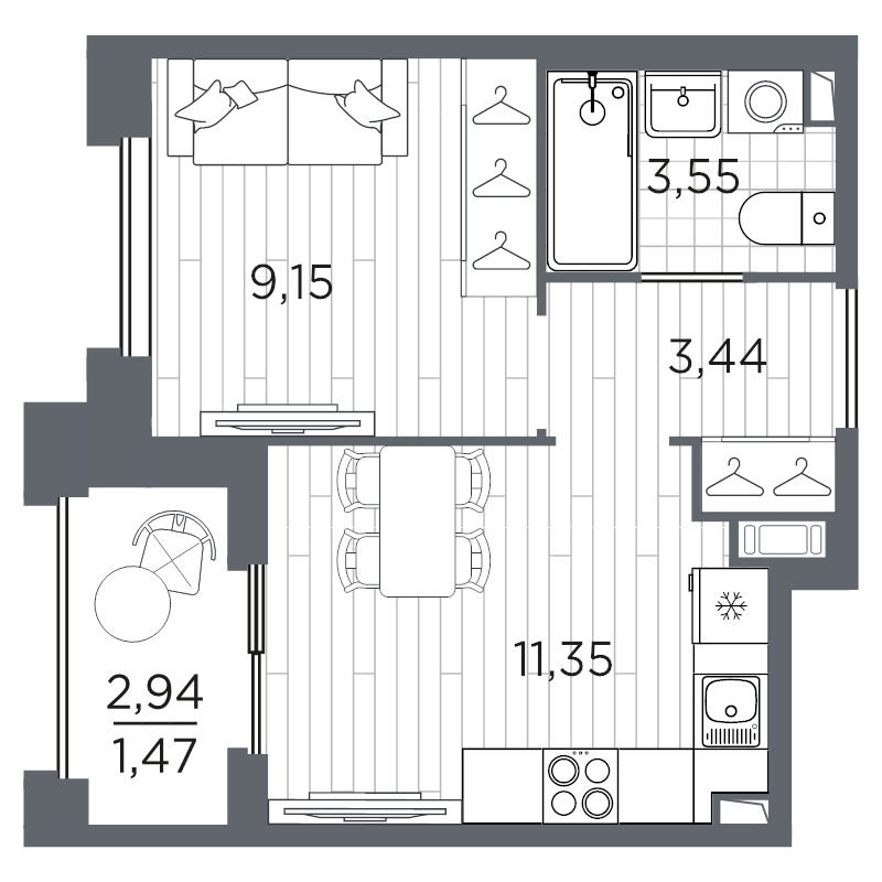 1-комнатная квартира, 28.96 м² в ЖК "Оптимист" - планировка, фото №1