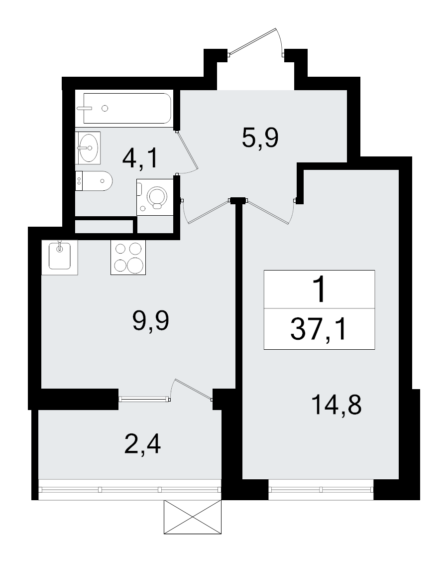 1-комнатная квартира, 37.1 м² - планировка, фото №1