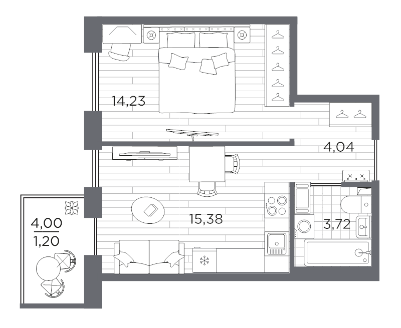 2-комнатная (Евро) квартира, 38.57 м² в ЖК "Сезоны" - планировка, фото №1