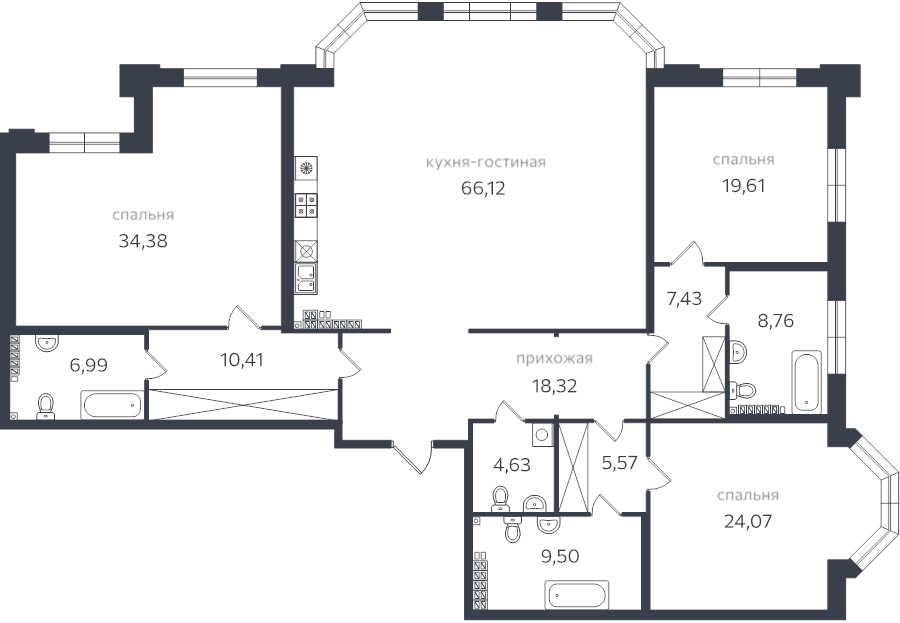 4-комнатная (Евро) квартира, 223.8 м² в ЖК "Петровская коса" - планировка, фото №1