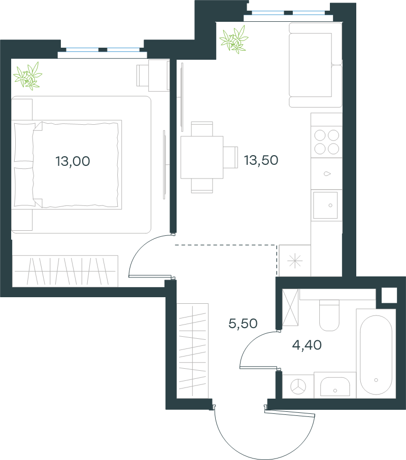1-комнатная квартира, 36.4 м² в ЖК "Левел Мечникова" - планировка, фото №1