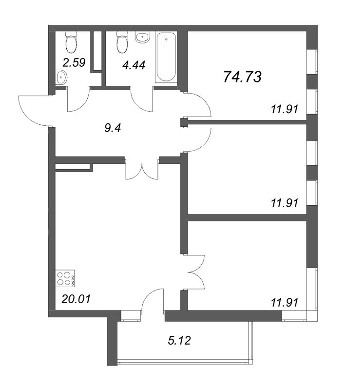 4-комнатная (Евро) квартира, 74.73 м² - планировка, фото №1