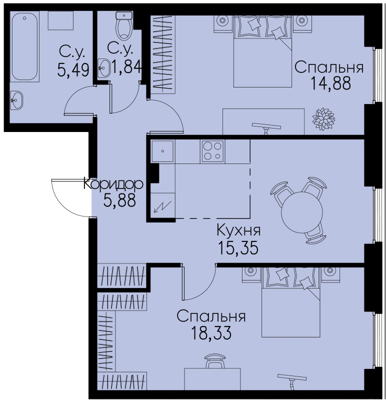 2-комнатная квартира, 61.77 м² - планировка, фото №1