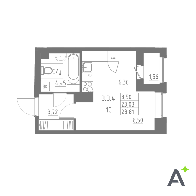 Квартира-студия, 23.81 м² в ЖК "Аквилон Solar" - планировка, фото №1
