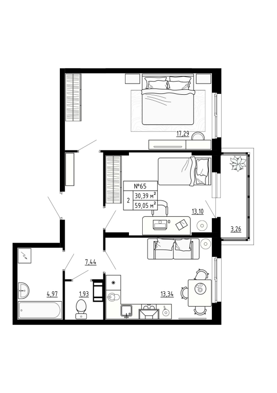 2-комнатная квартира, 59.03 м² - планировка, фото №1