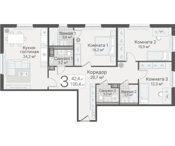 4-комнатная (Евро) квартира, 100.4 м² в ЖК "Руднева 15" - планировка, фото №1