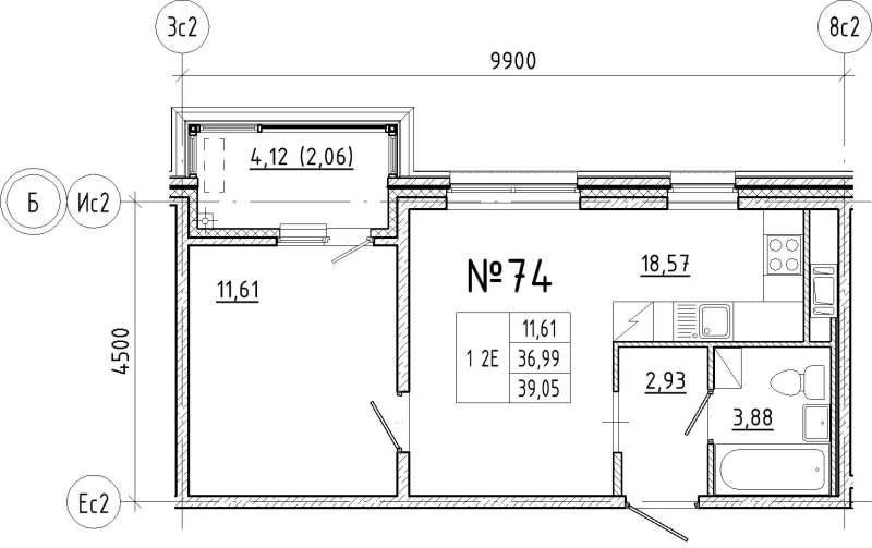 2-комнатная (Евро) квартира, 39.05 м² в ЖК "N8" - планировка, фото №1