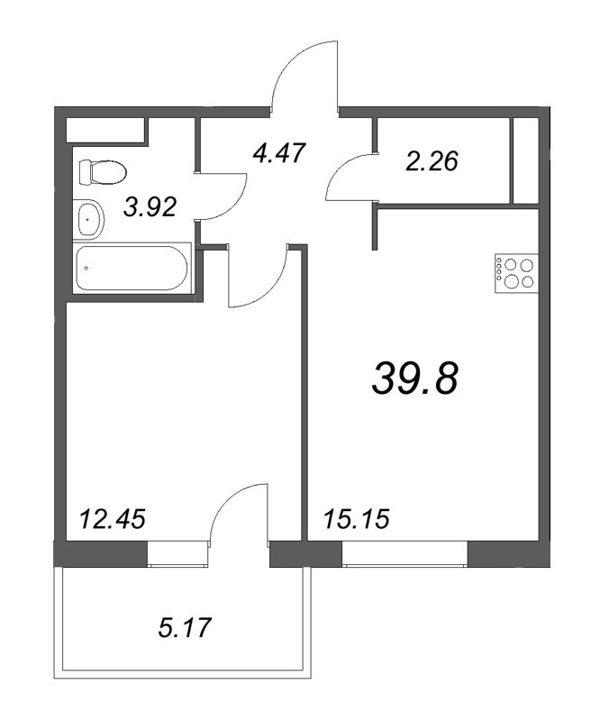 2-комнатная (Евро) квартира, 43.42 м² - планировка, фото №1