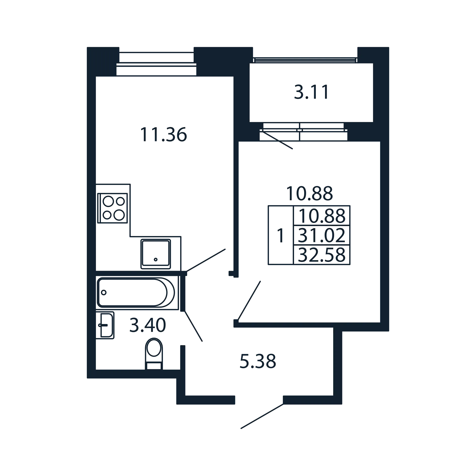 1-комнатная квартира, 31.02 м² в ЖК "Полис Новоселье" - планировка, фото №1