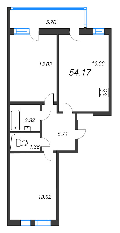 3-комнатная (Евро) квартира, 54.17 м² в ЖК "Аэросити" - планировка, фото №1