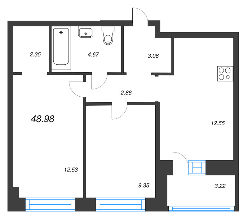 2-комнатная квартира, 48.98 м² в ЖК "Уютный" - планировка, фото №1