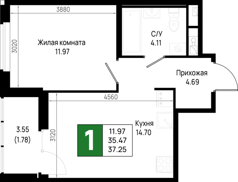 1-комнатная квартира, 37.25 м² - планировка, фото №1