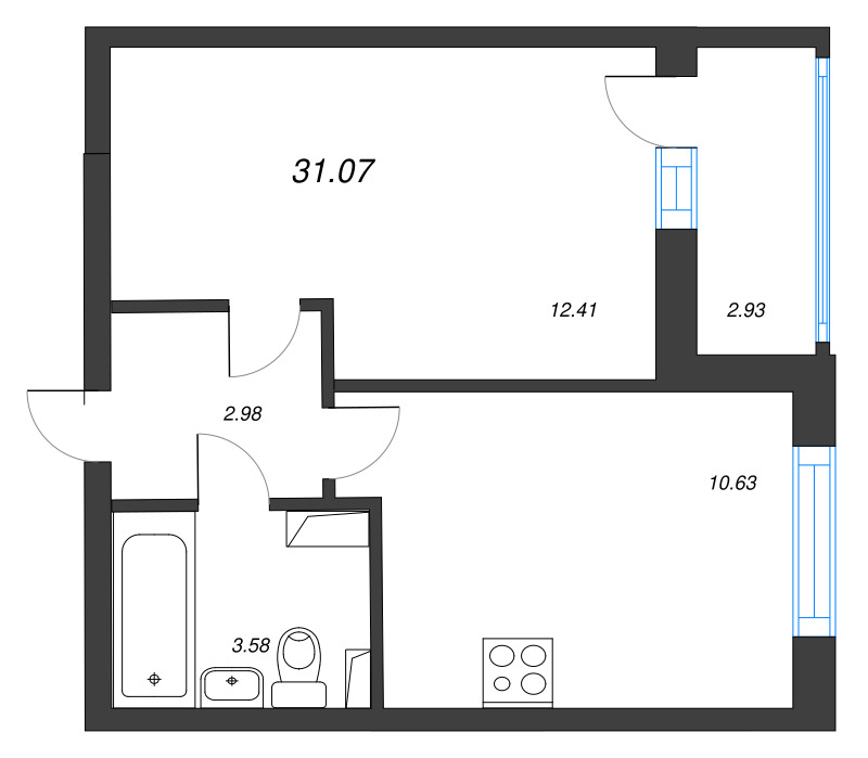 1-комнатная квартира, 31.07 м² - планировка, фото №1