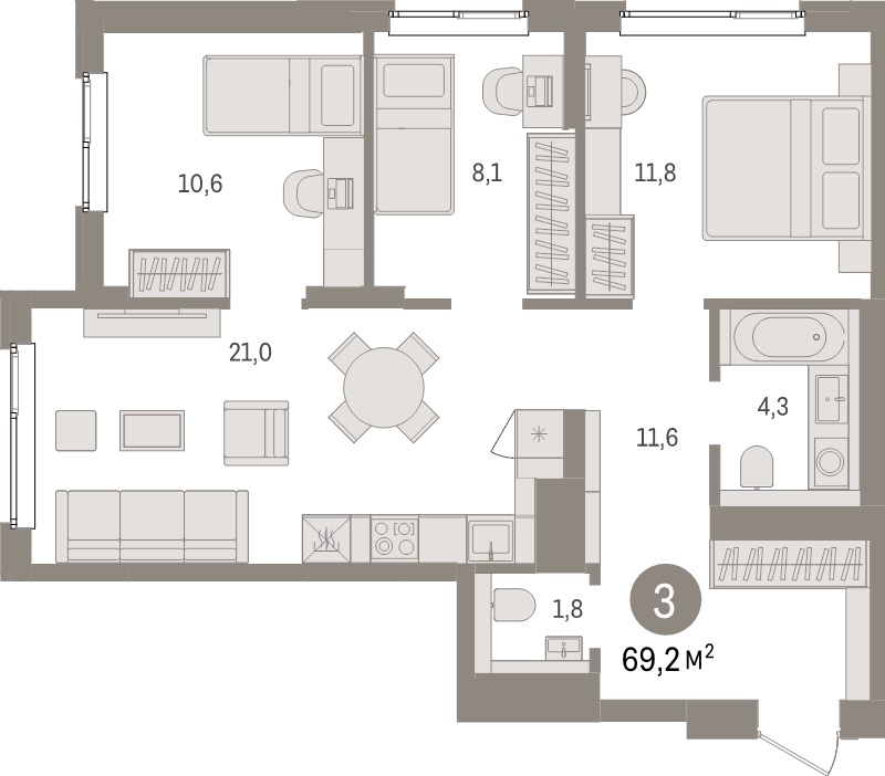 4-комнатная (Евро) квартира, 69.2 м² в ЖК "Брусника в Новоселье" - планировка, фото №1