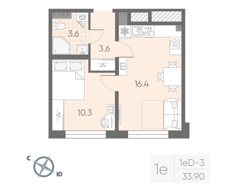 1-комнатная квартира, 33.9 м² в ЖК "Пулково Lake" - планировка, фото №1