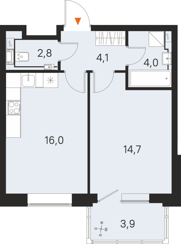 2-комнатная (Евро) квартира, 41.6 м² в ЖК "М36" - планировка, фото №1