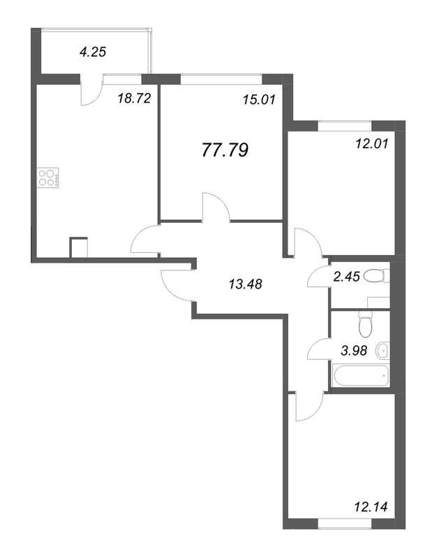 4-комнатная (Евро) квартира, 77.79 м² - планировка, фото №1