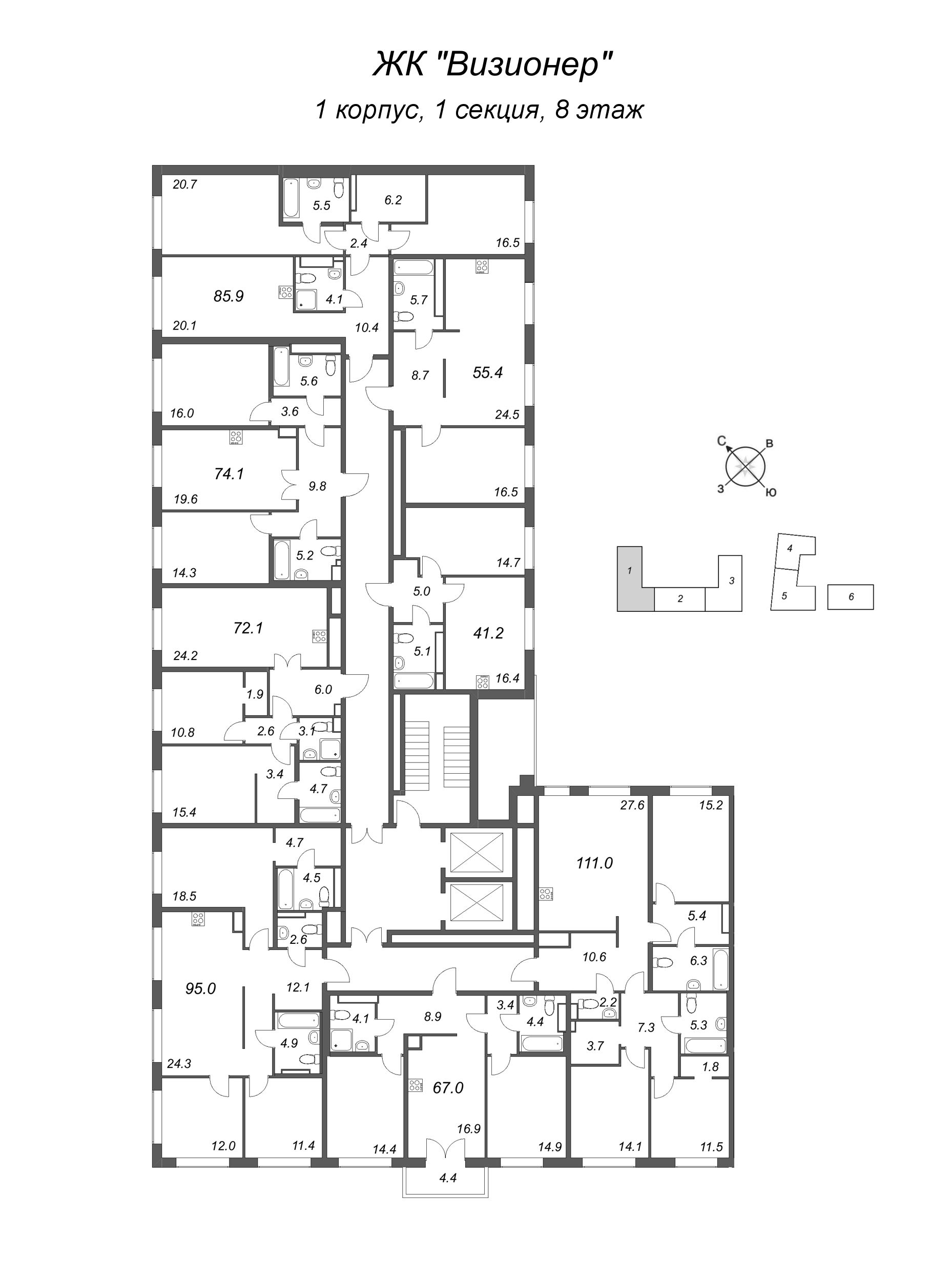 2-комнатная (Евро) квартира, 41.3 м² в ЖК "Визионер" - планировка этажа