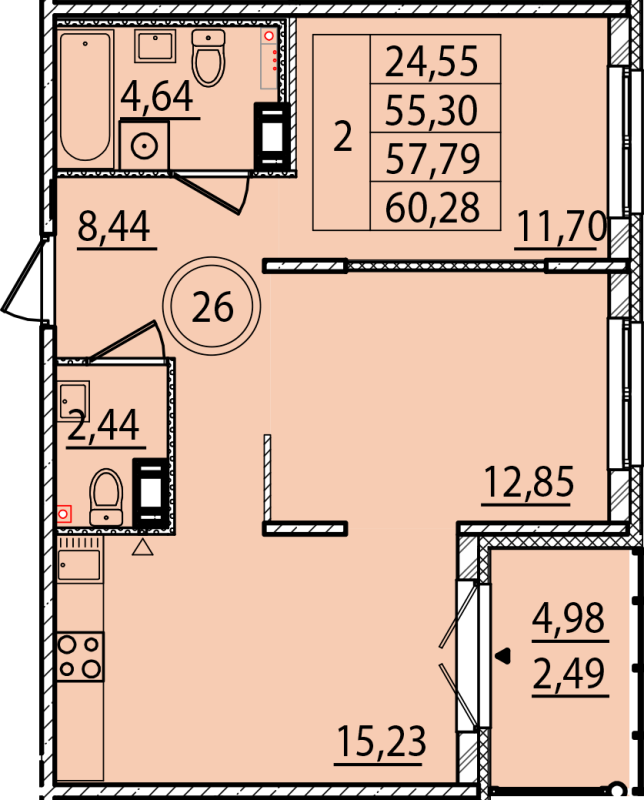 3-комнатная (Евро) квартира, 55.3 м² в ЖК "Образцовый квартал 15" - планировка, фото №1