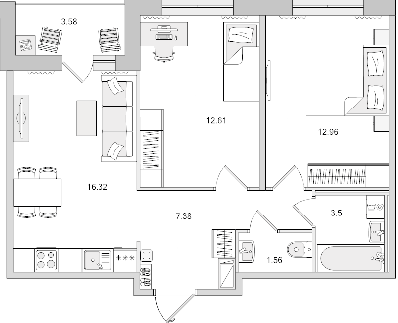 3-комнатная (Евро) квартира, 57.91 м² в ЖК "Dreamline" - планировка, фото №1