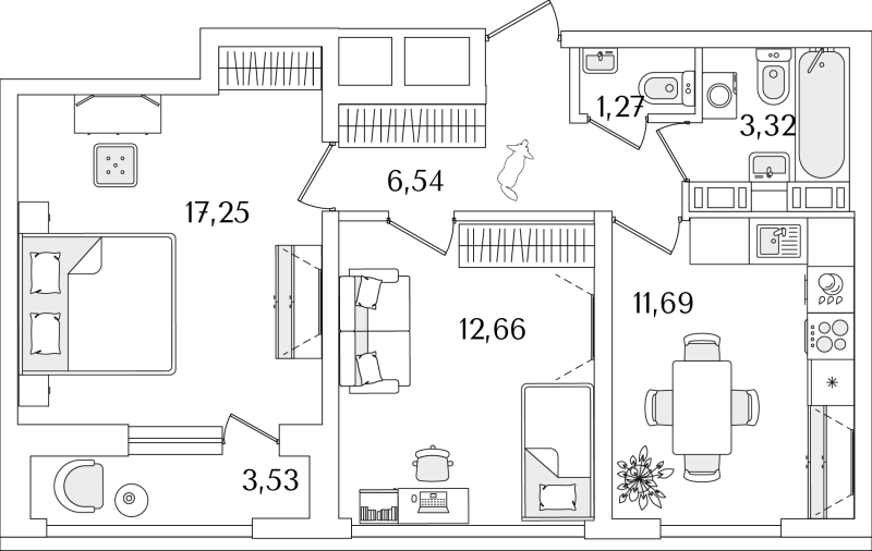 2-комнатная квартира, 54.5 м² - планировка, фото №1