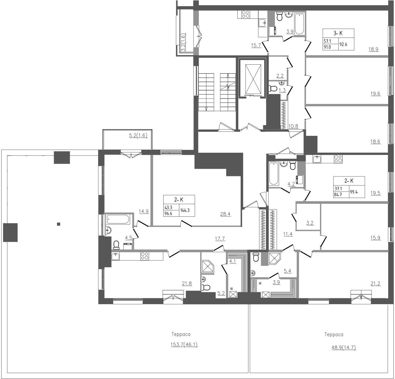 3-комнатная (Евро) квартира, 144.7 м² в ЖК "Upoint" - планировка этажа