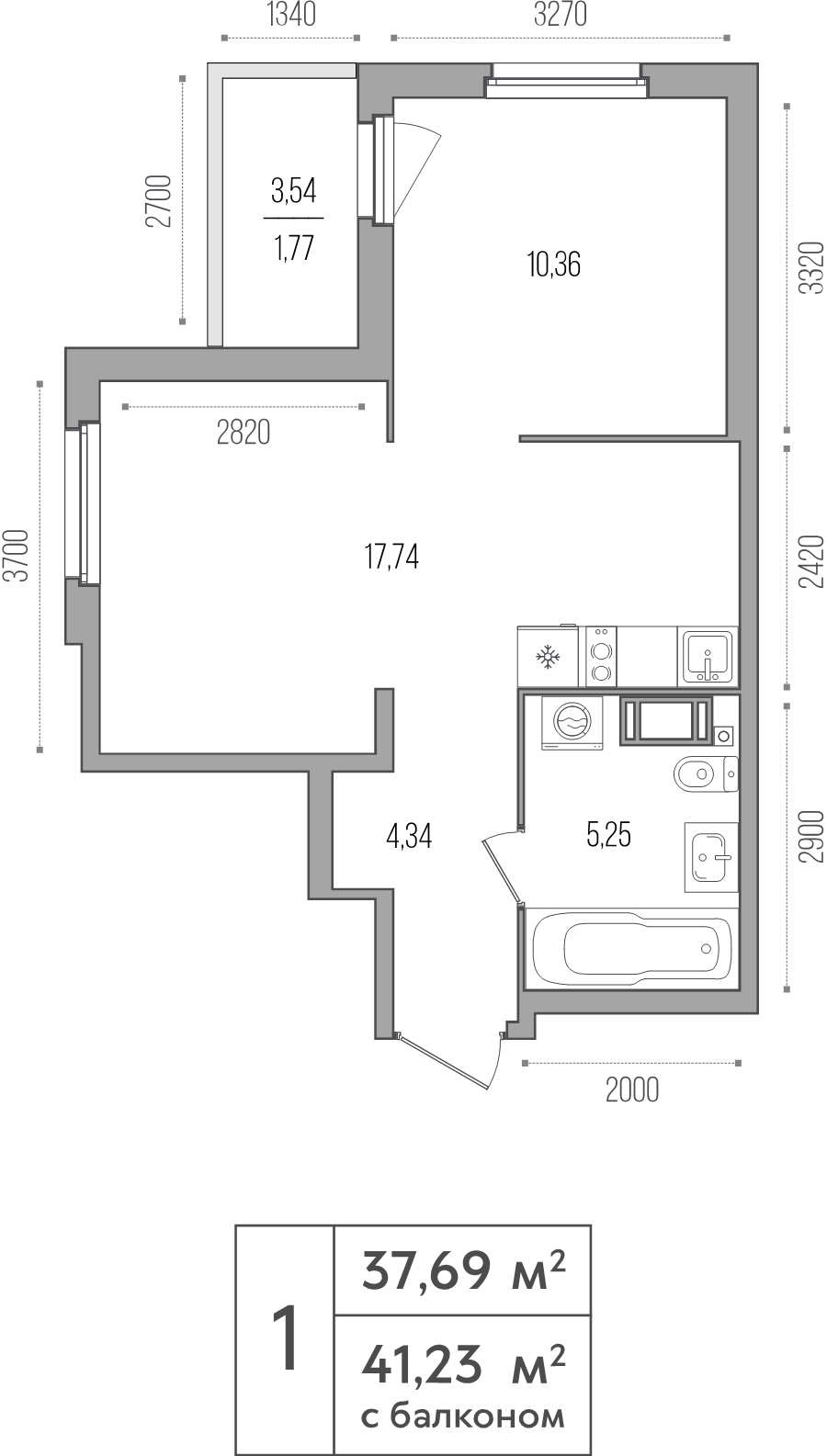2-комнатная (Евро) квартира, 37.69 м² в ЖК "Simple" - планировка, фото №1