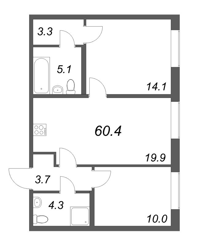 3-комнатная (Евро) квартира, 60.4 м² в ЖК "Парусная 1" - планировка, фото №1