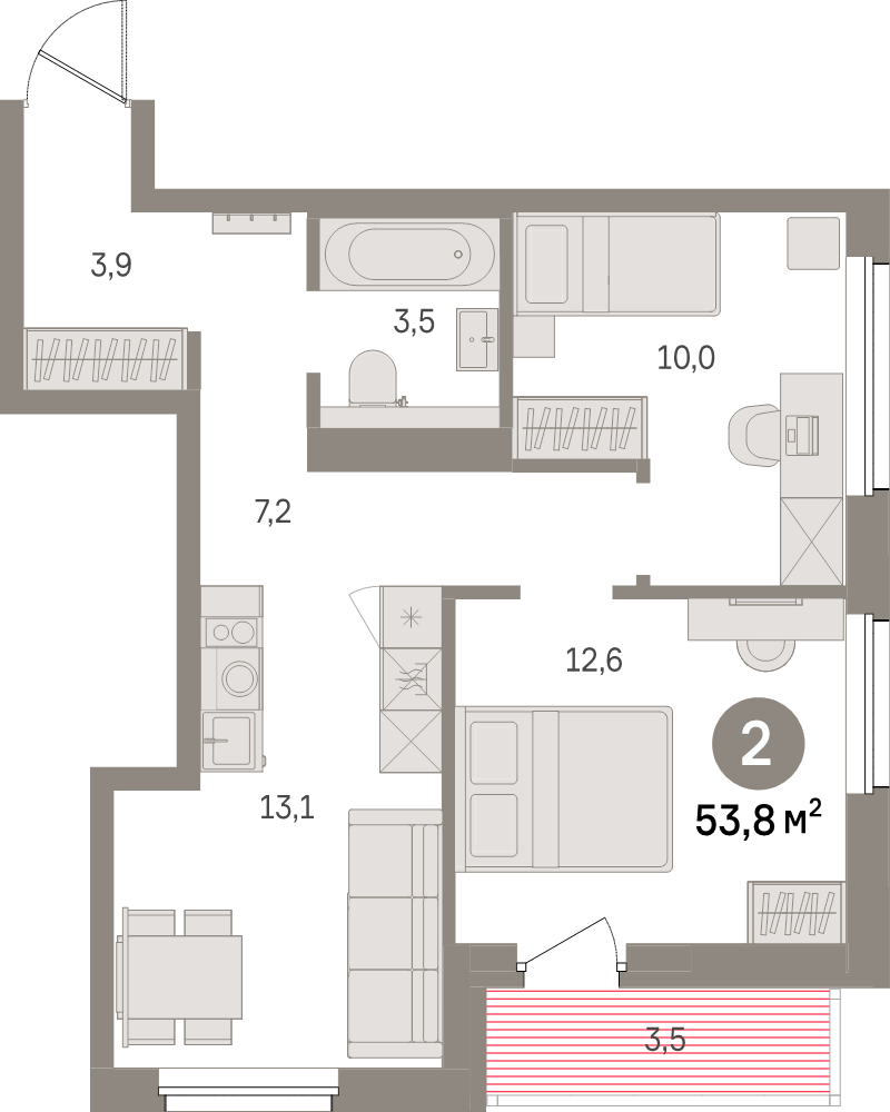 3-комнатная (Евро) квартира, 53.8 м² в ЖК "Северный ветер" - планировка, фото №1