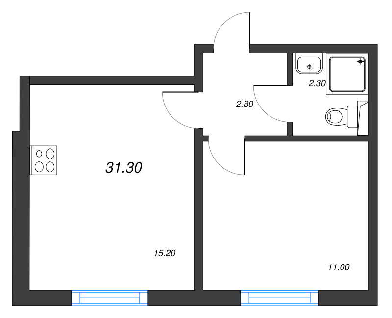 2-комнатная (Евро) квартира, 31.3 м² в ЖК "ЛСР. Ржевский парк" - планировка, фото №1