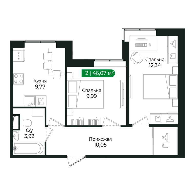 2-комнатная квартира, 46.2 м² в ЖК "Сертолово Парк" - планировка, фото №1