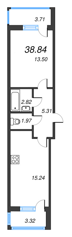 2-комнатная (Евро) квартира, 38.84 м² - планировка, фото №1