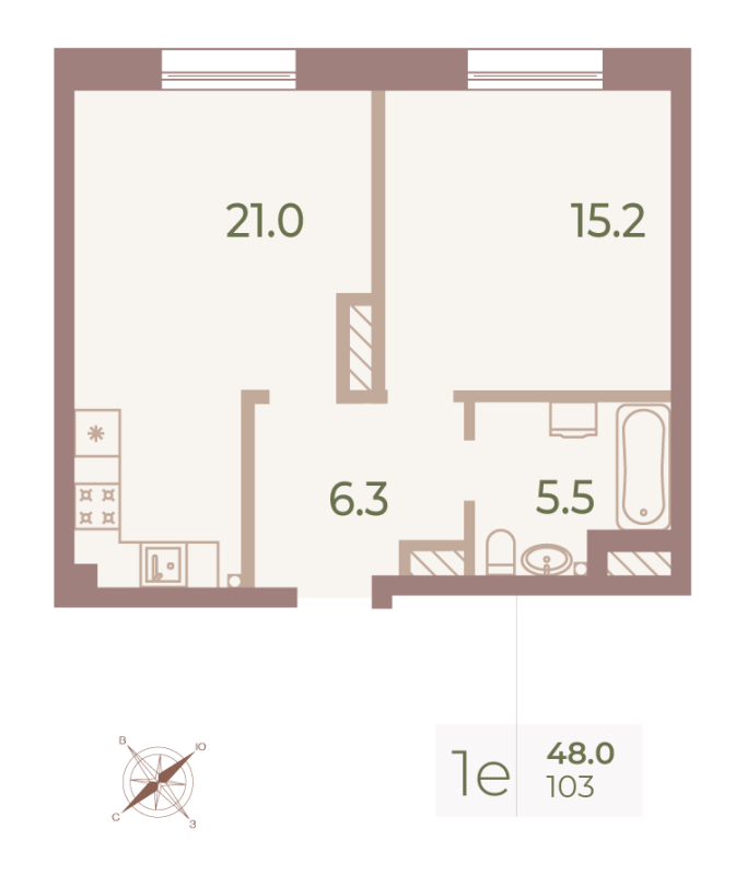2-комнатная (Евро) квартира, 48 м² - планировка, фото №1