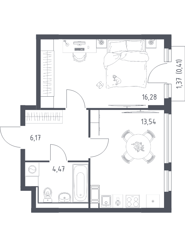 1-комнатная квартира, 41 м² в ЖК "Новое Колпино" - планировка, фото №1
