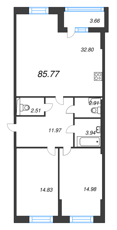 3-комнатная (Евро) квартира, 87.6 м² в ЖК "Аквилон Ливз" - планировка, фото №1