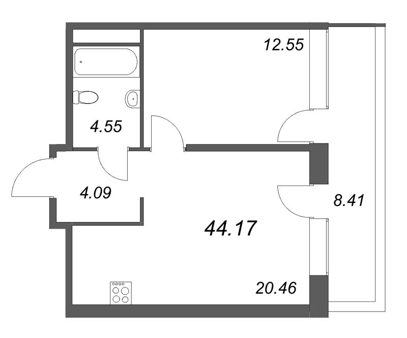 2-комнатная (Евро) квартира, 44.17 м² в ЖК "Avant" - планировка, фото №1