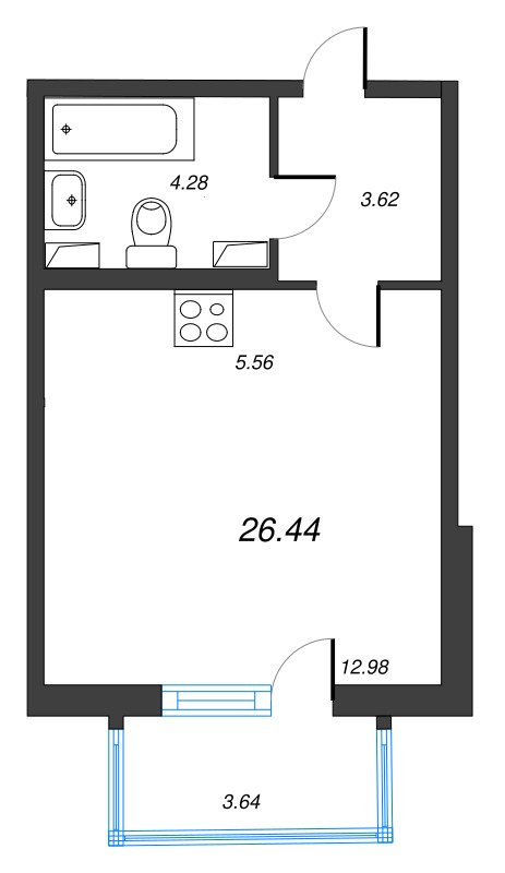 Квартира-студия, 26.44 м² в ЖК "ЮгТаун" - планировка, фото №1