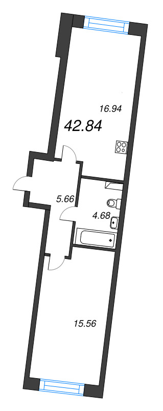 2-комнатная (Евро) квартира, 42.84 м² в ЖК "Остров Первых" - планировка, фото №1