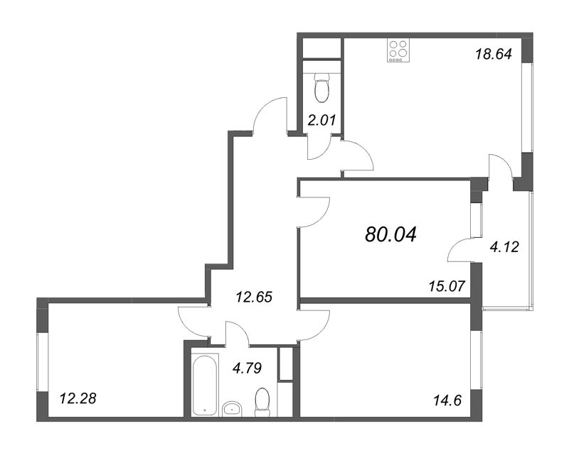4-комнатная (Евро) квартира, 80.04 м² - планировка, фото №1